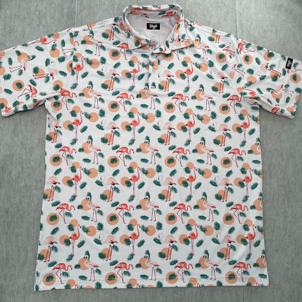 Waggle Shirt Adult 2XL Golf Polo White Flamingo Print Performance Stretch Mens